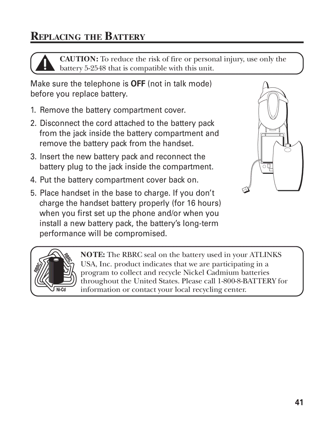 RCA 21015 manual Replacing the Battery 