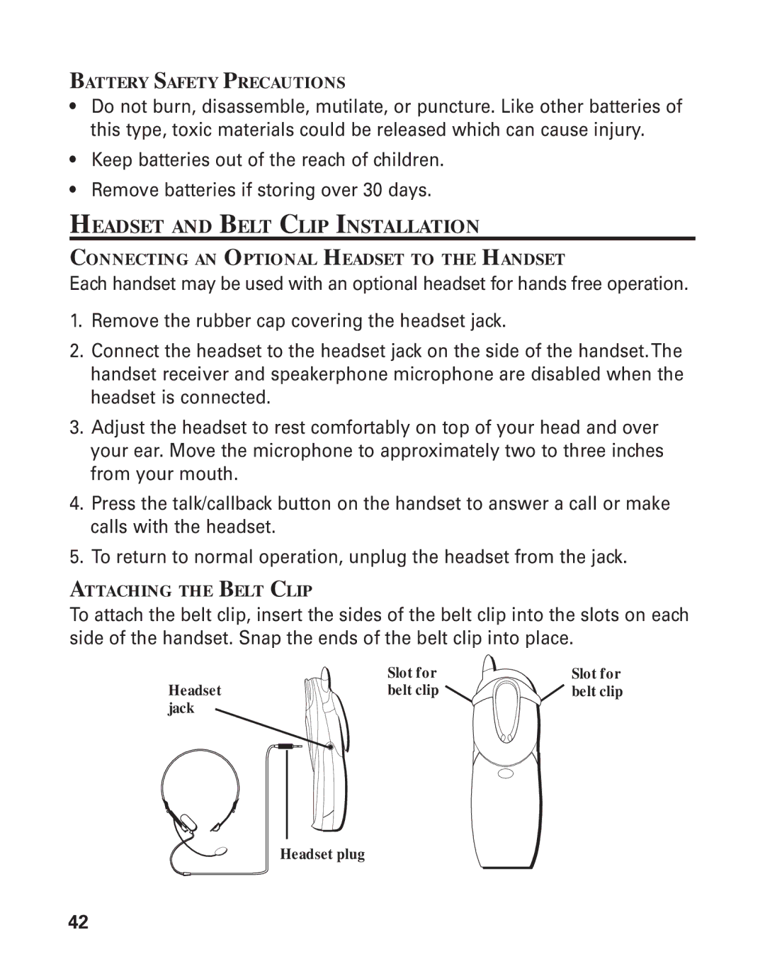 RCA 21015 Headset and Belt Clip Installation, Battery Safety Precautions, Connecting AN Optional Headset to the Handset 