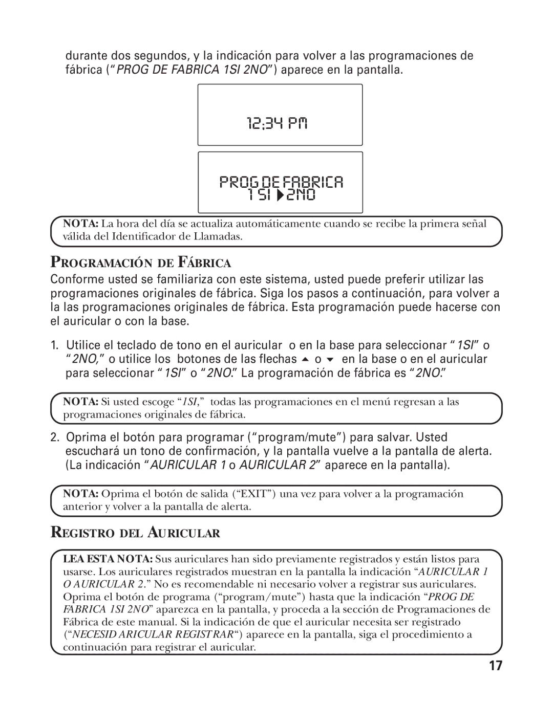 RCA 21015 manual Progdefabrica, Programación DE Fábrica, Registro DEL Auricular 