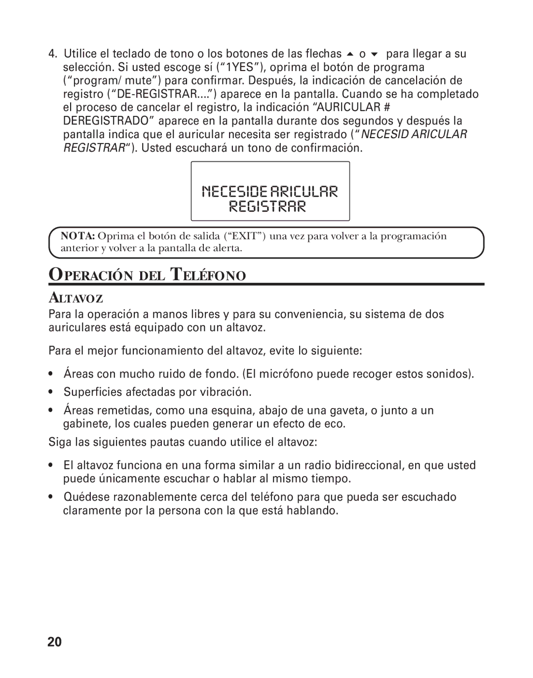 RCA 21015 manual Necesidearicular Registrar, Operación DEL Teléfono, Altavoz 