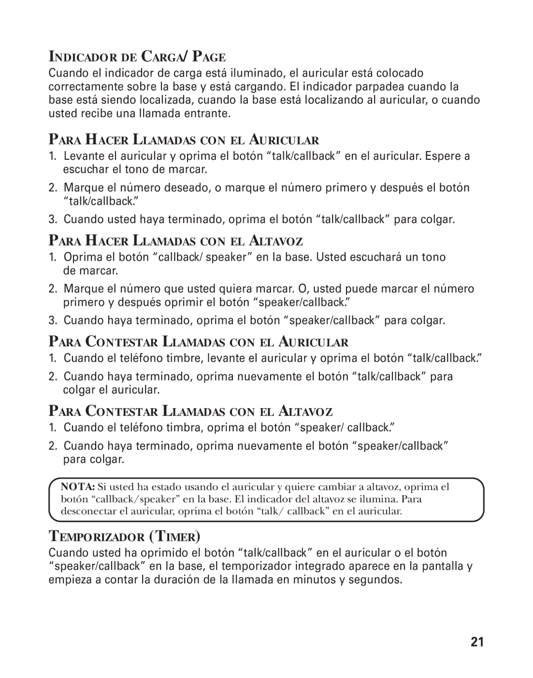 RCA 21015 manual Indicador DE CARGA/PAGE, Para Hacer Llamadas CON EL Auricular, Para Hacer Llamadas CON EL Altavoz 