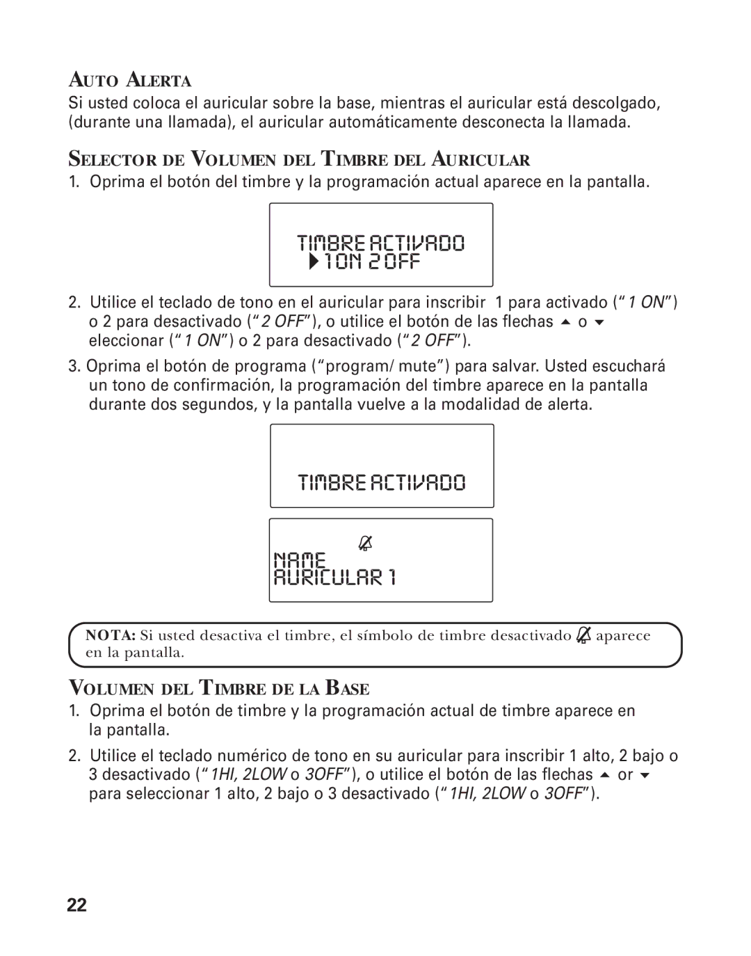 RCA 21015 manual Timbreactivado Name Auricular, Auto Alerta, Selector DE Volumen DEL Timbre DEL Auricular 