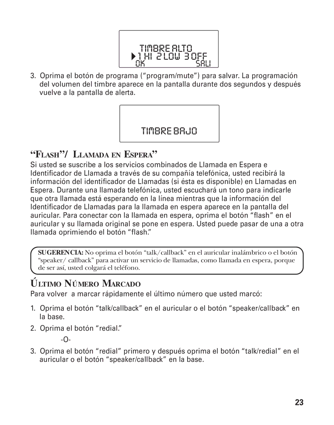 RCA 21015 manual Timbrealto HI 2LOW 3OFF, Timbrebajo, FLASH/ Llamada EN Espera, Último Número Marcado 