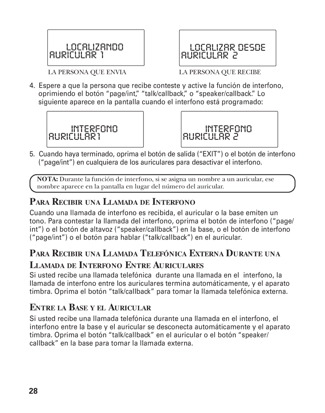 RCA 21015 manual Localizando, Interfonointerfono AURICULAR1AURICULAR, Para Recibir UNA Llamada DE Interfono 