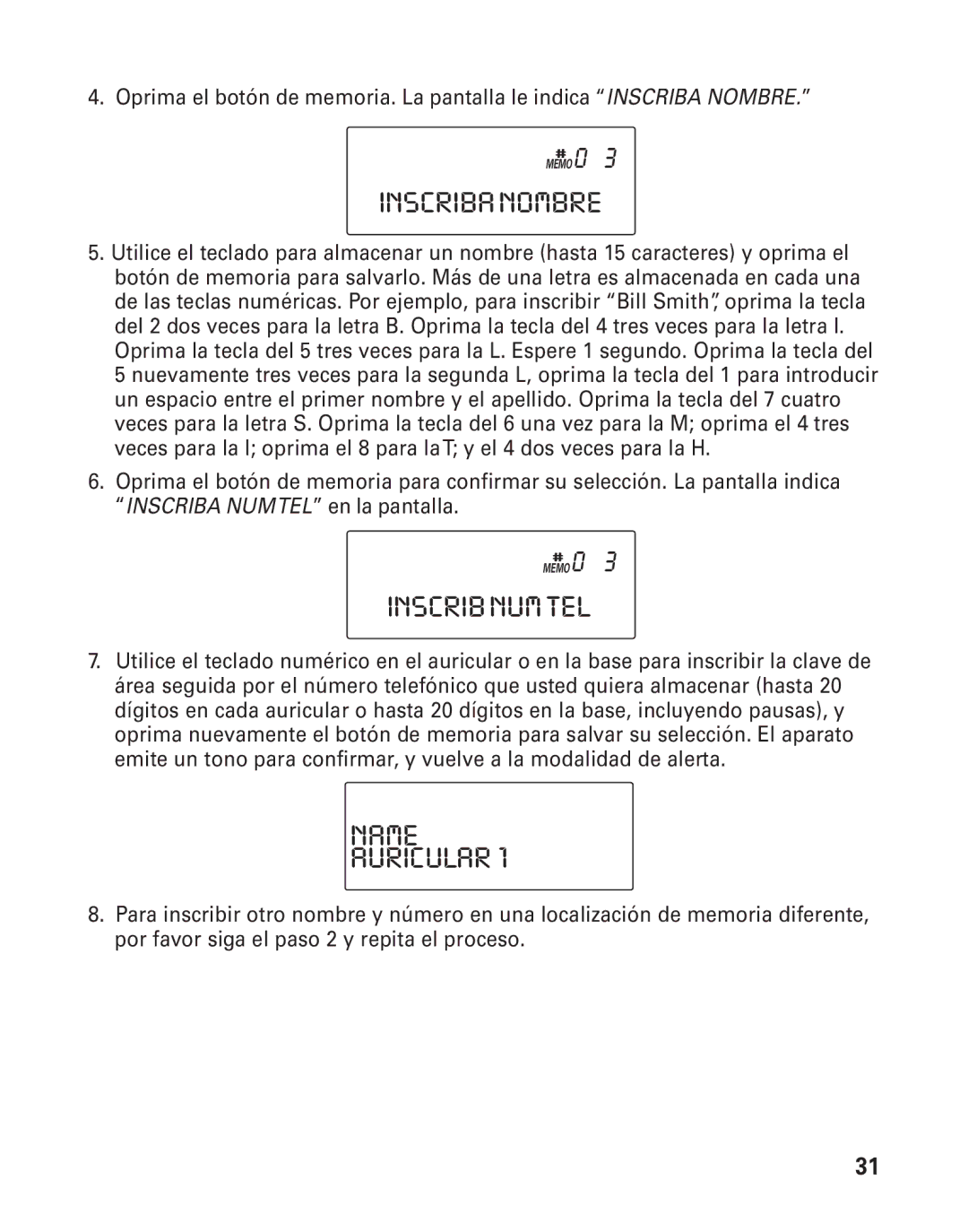 RCA 21015 manual Inscribanombre, Inscribnumtel, Name Auricular 