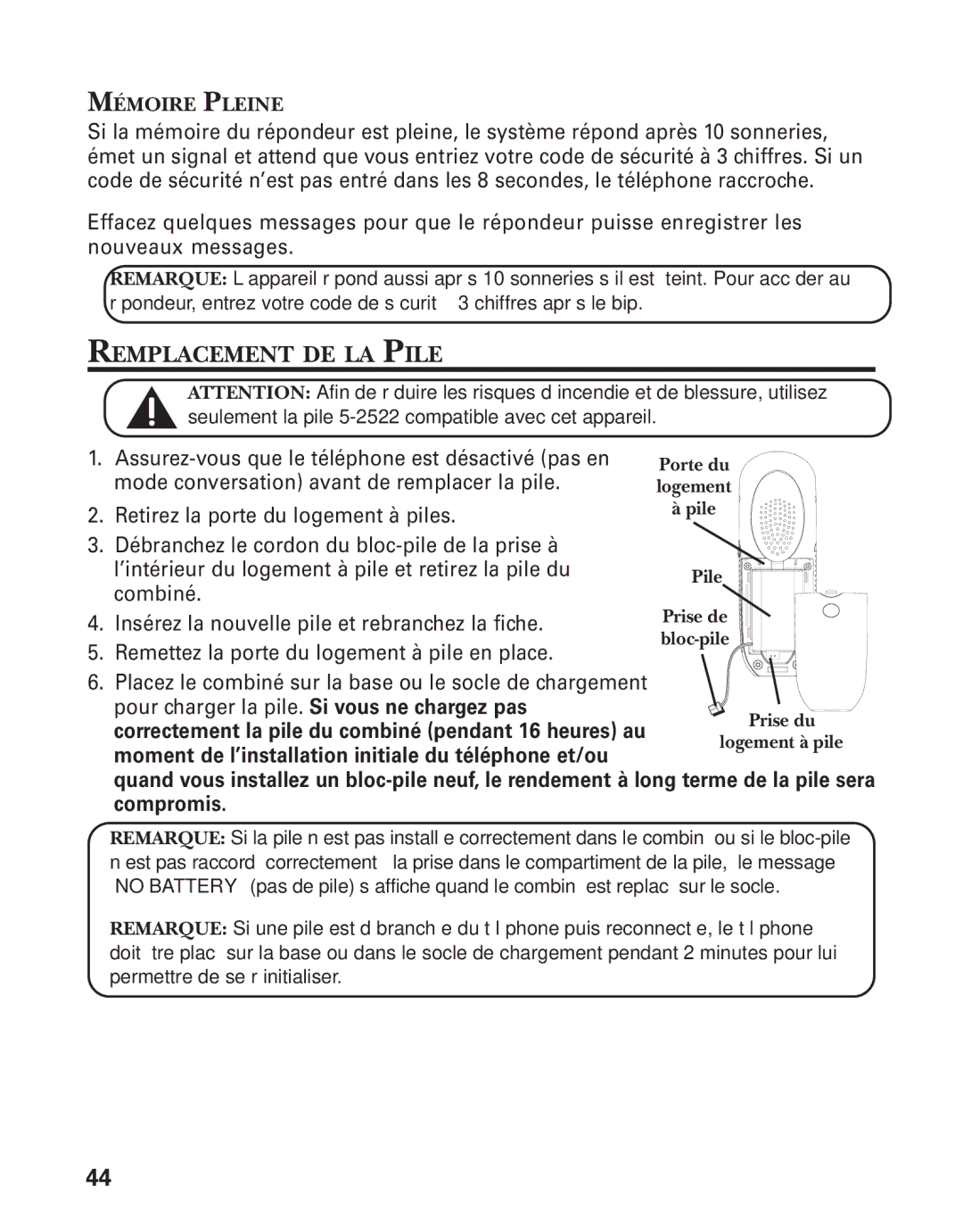 RCA 21028 manual Remplacement DE LA Pile, Mémoire Pleine 