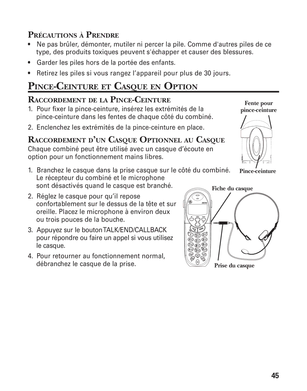 RCA 21028 manual PINCE-CEINTURE ET Casque EN Option, Précautions À Prendre, Raccordement DE LA PINCE-CEINTURE 