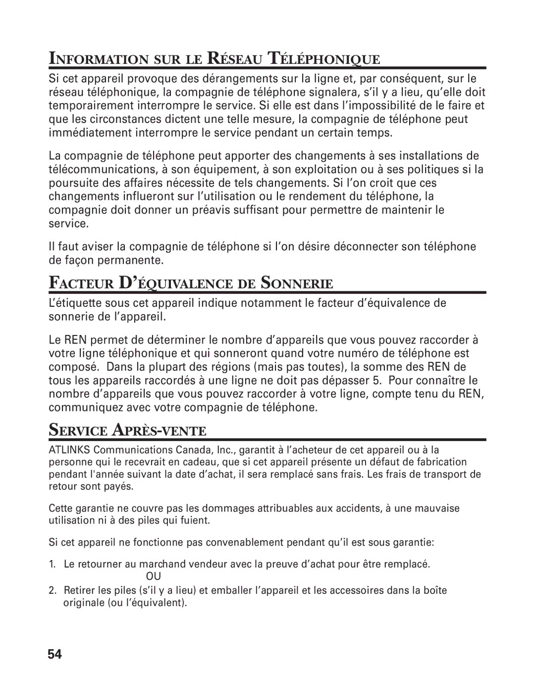 RCA 21028 manual Information SUR LE Réseau Téléphonique, Facteur D’ÉQUIVALENCE DE Sonnerie, Service APRÈS-VENTE 