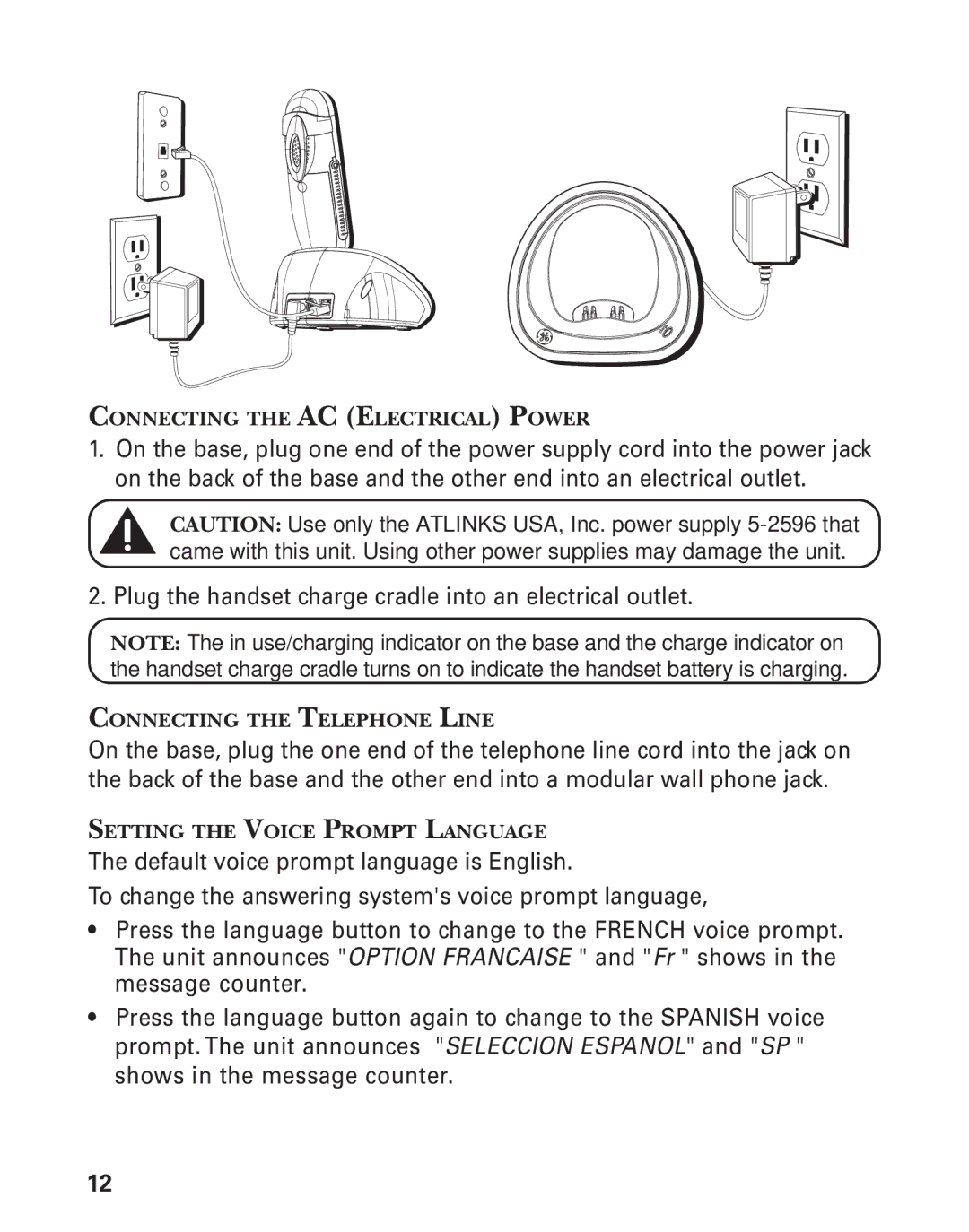 RCA 21028 manual Connecting the AC Electrical Power, Connecting the Telephone Line, Setting the Voice Prompt Language 