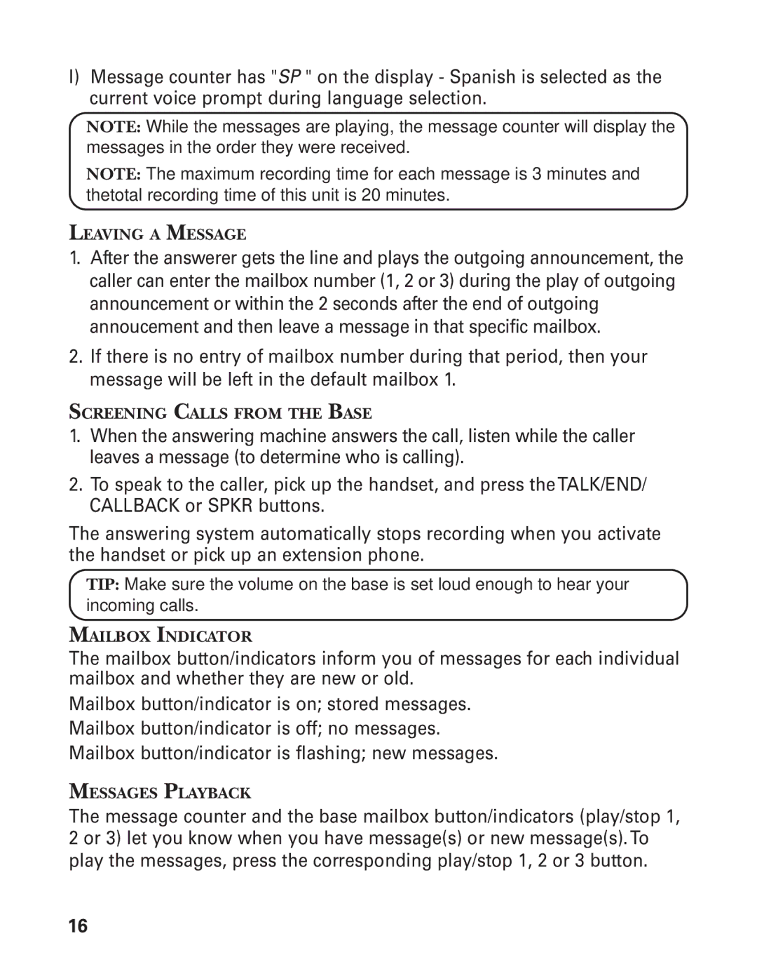 RCA 21028 manual Leaving a Message, Screening Calls from the Base, Mailbox Indicator, Messages Playback 