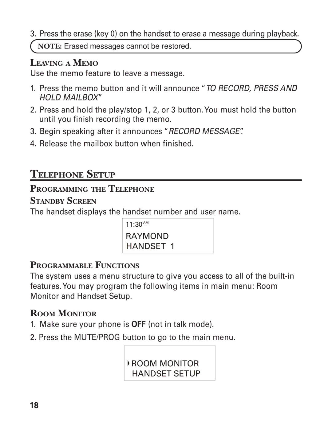 RCA 21028 Telephone Setup, Leaving a Memo, Programming the Telephone Standby Screen, Programmable Functions, Room Monitor 