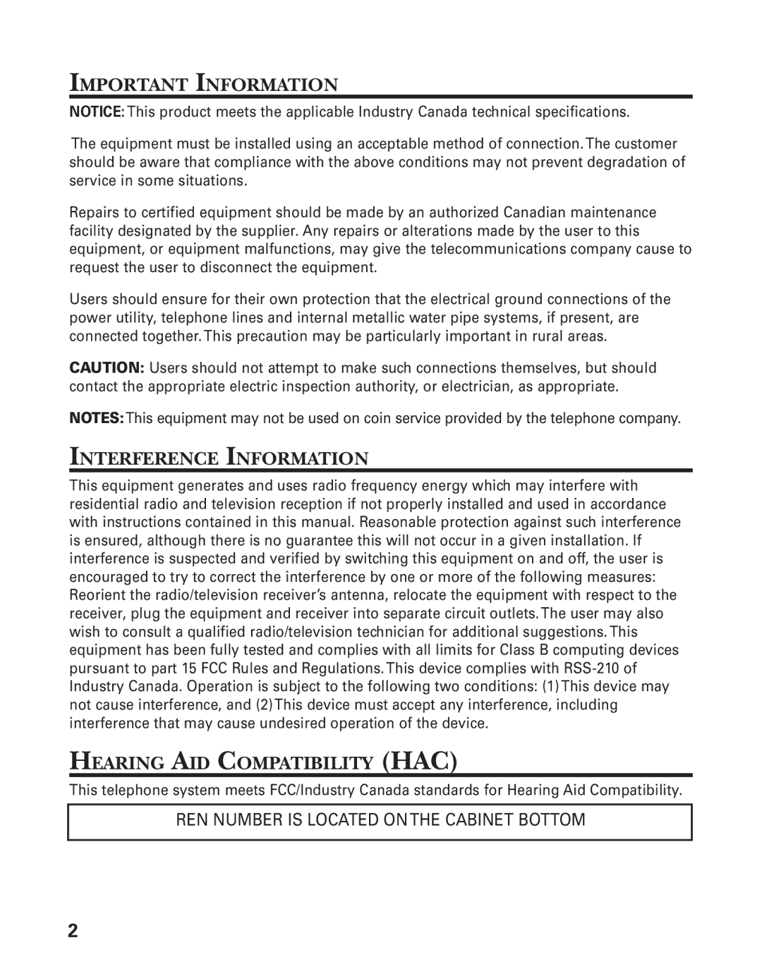 RCA 21028 manual Important Information, Interference Information, Hearing AID Compatibility HAC 