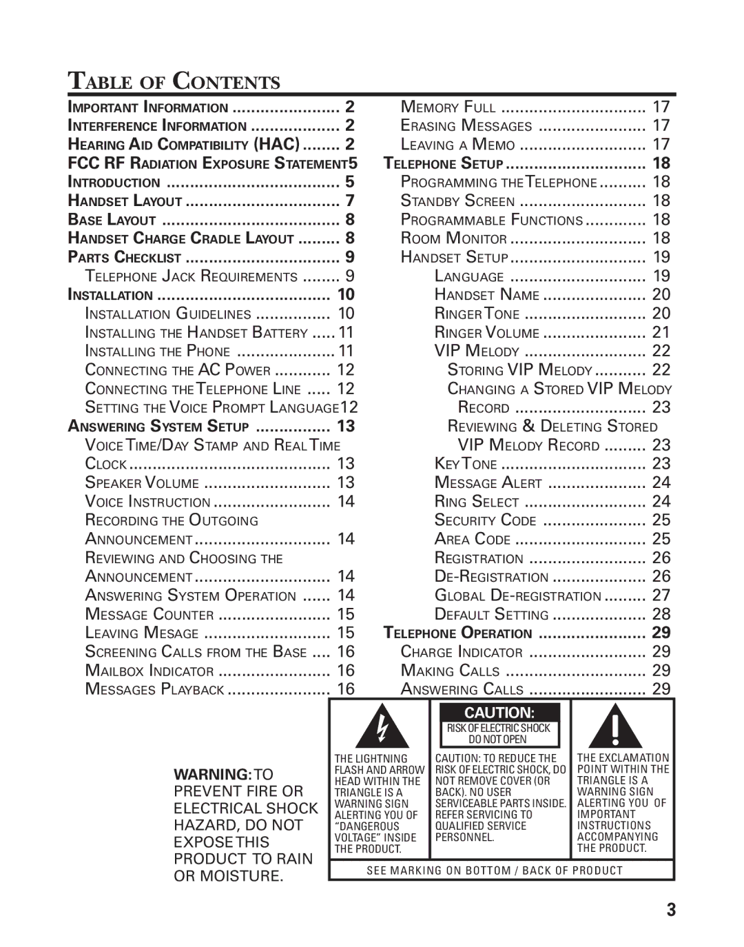 RCA 21028 manual Table of Contents 