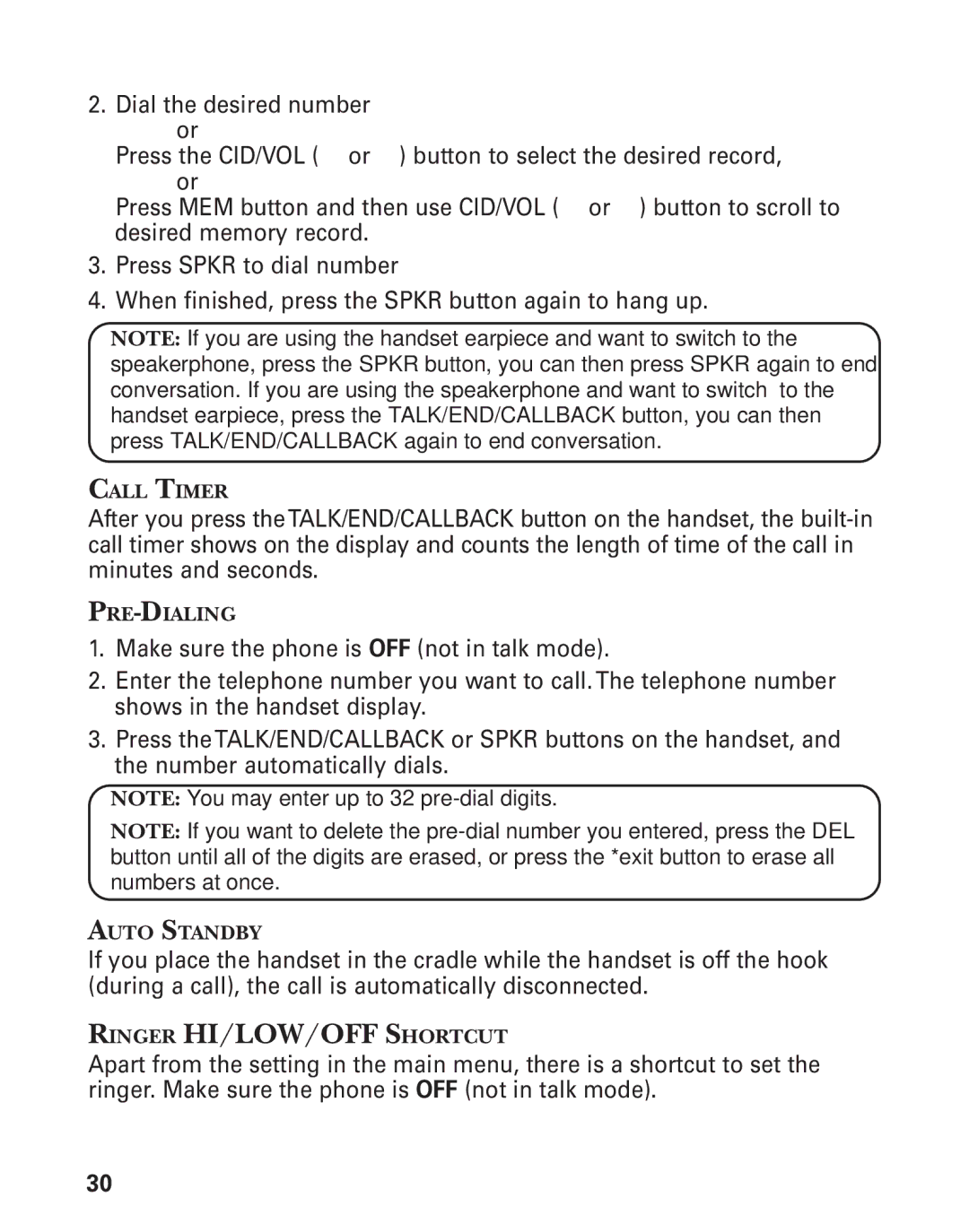 RCA 21028 manual Call Timer, Pre-Dialing, Auto Standby 