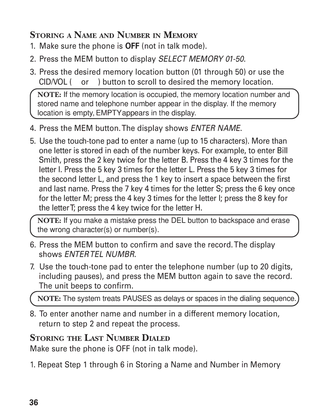 RCA 21028 manual Storing a Name and Number in Memory, Storing the Last Number Dialed 