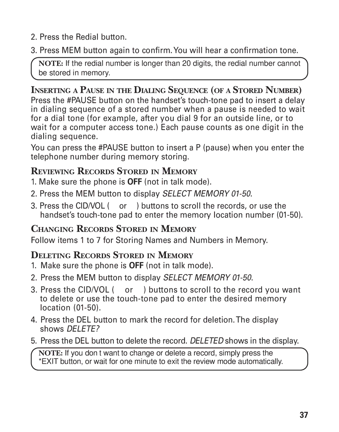 RCA 21028 manual Reviewing Records Stored in Memory, Changing Records Stored in Memory, Deleting Records Stored in Memory 