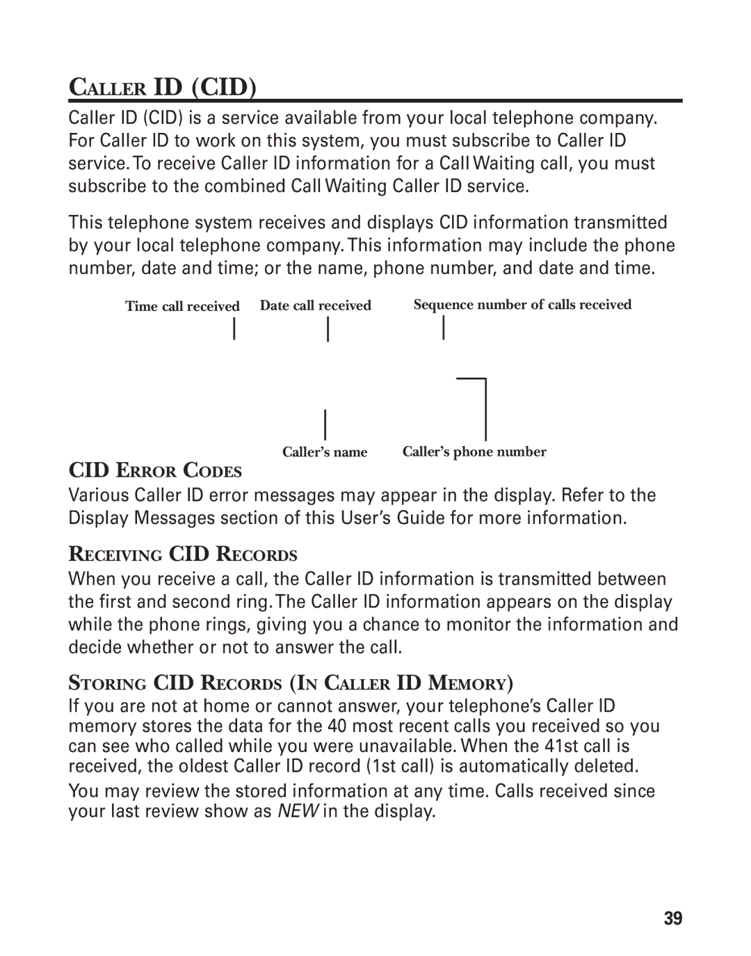 RCA 21028 manual CID Error Codes, Receiving CID Records, Storing CID Records in Caller ID Memory 