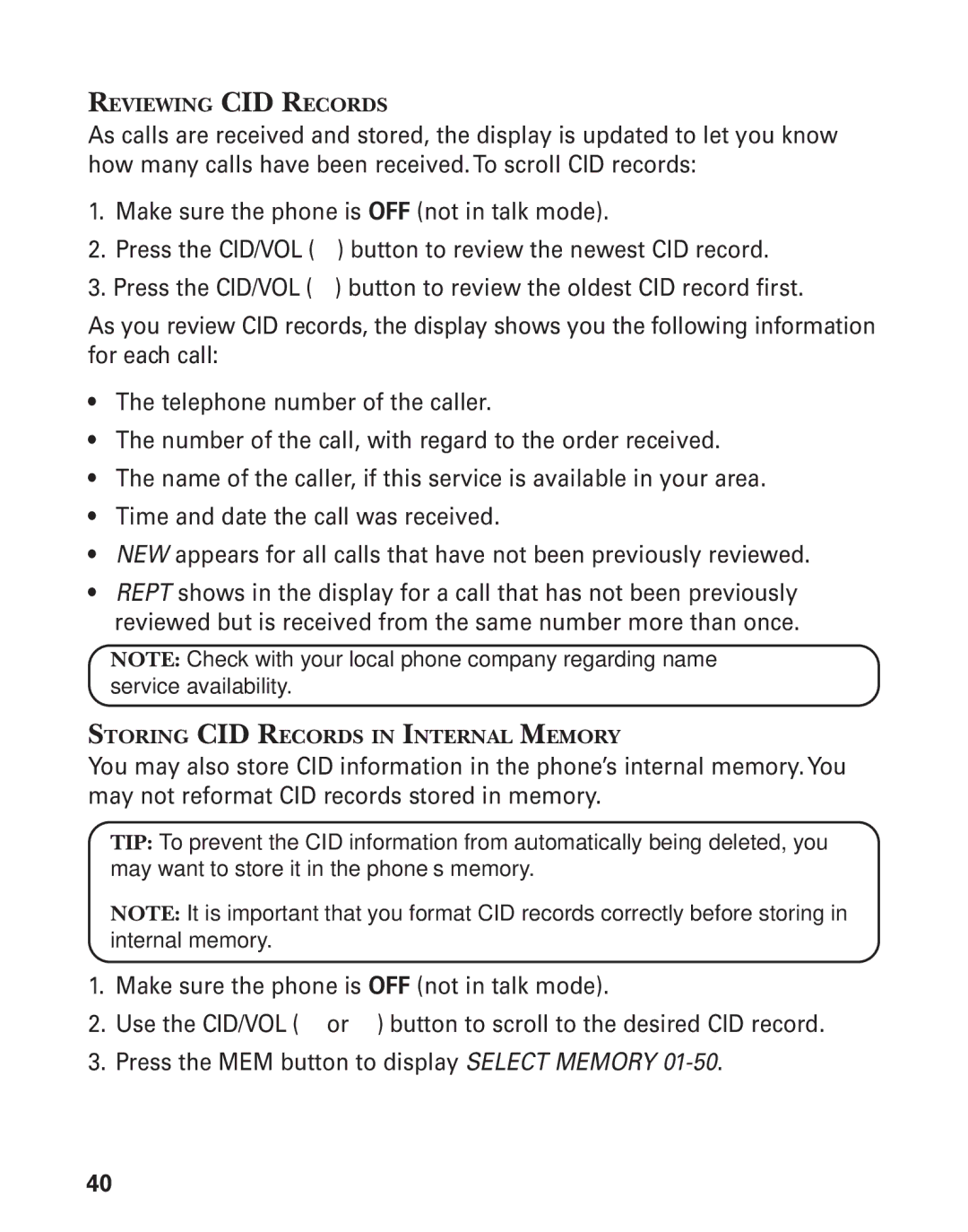 RCA 21028 manual Reviewing CID Records, Storing CID Records in Internal Memory 