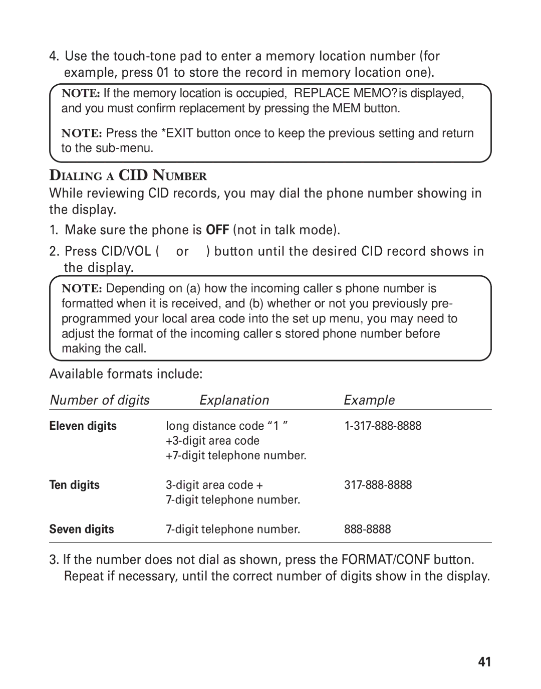 RCA 21028 manual Number of digits Explanation Example, Dialing a CID Number 