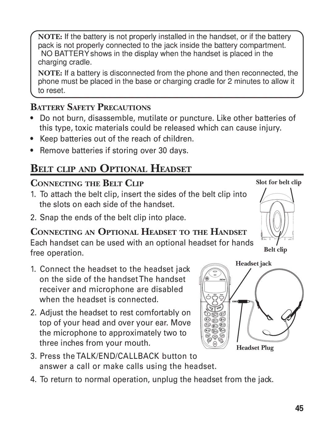 RCA 21028 manual Belt Clip and Optional Headset, Battery Safety Precautions, Connecting the Belt Clip 