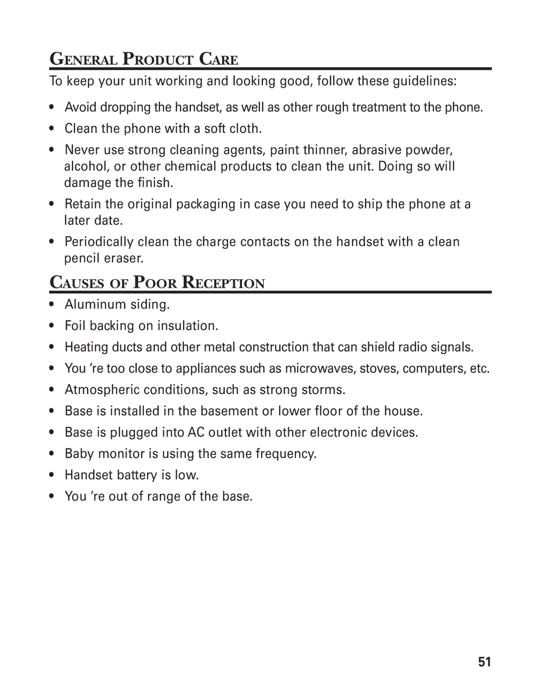 RCA 21028 manual General Product Care, Causes of Poor Reception 