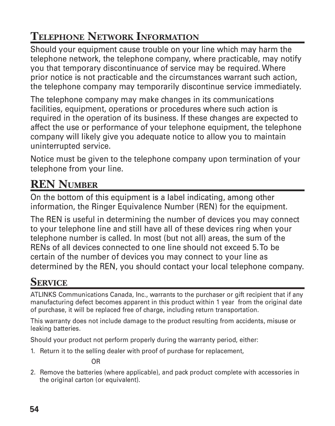 RCA 21028 manual Telephone Network Information, Service 