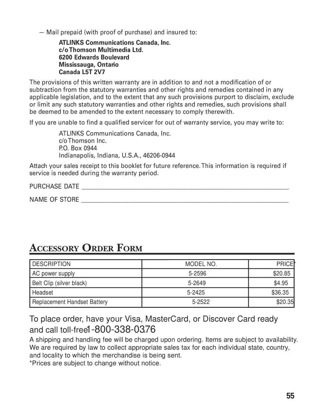 RCA 21028 manual Accessory Order Form, Description 