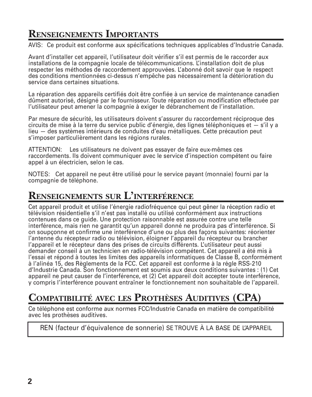 RCA 21028 Renseignements Importants, Renseignements SUR L’INTERFÉRENCE, Compatibilité Avec LES Prothèses Auditives CPA 