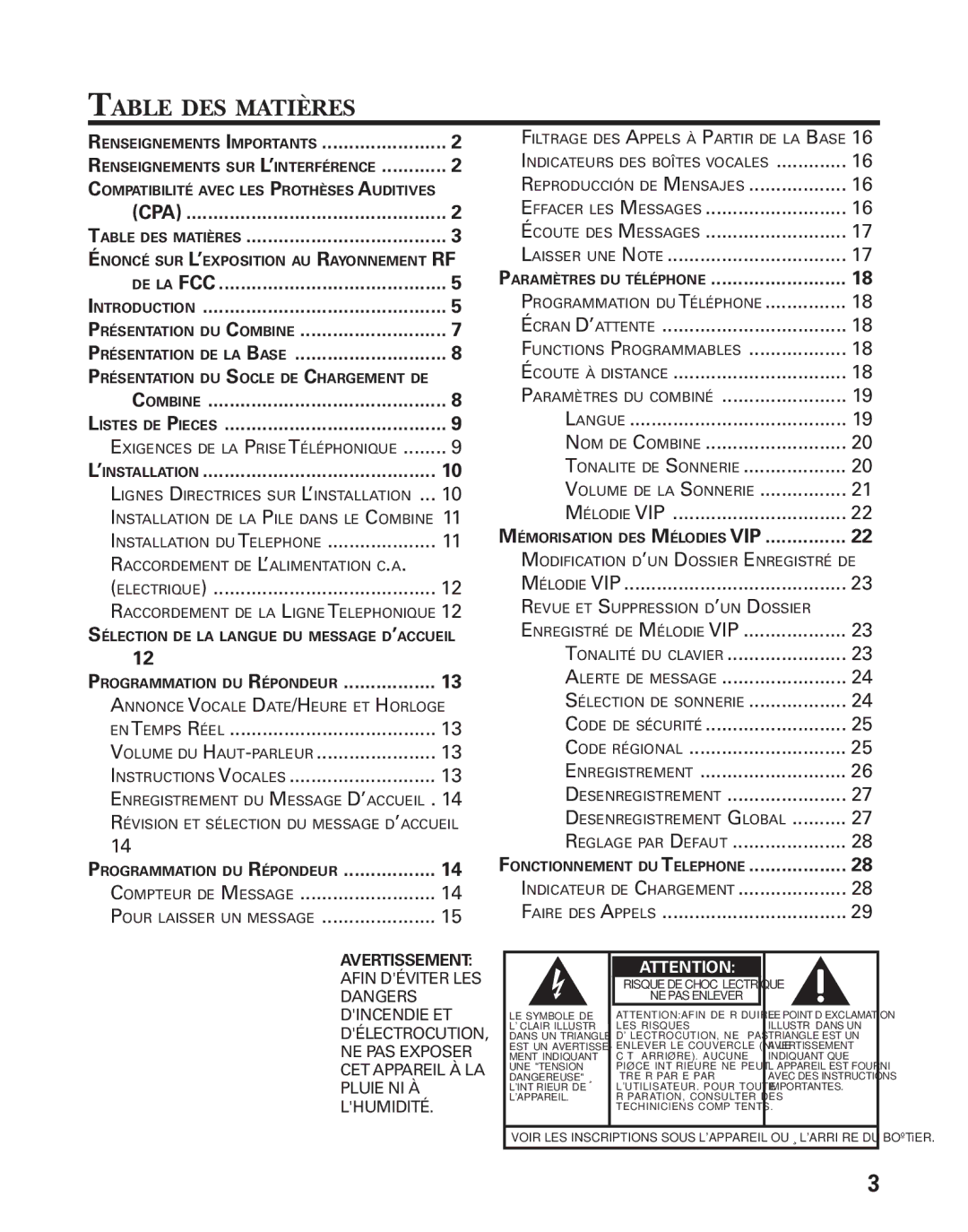 RCA 21028 manual Table DES Matières, Renseignements Importants 