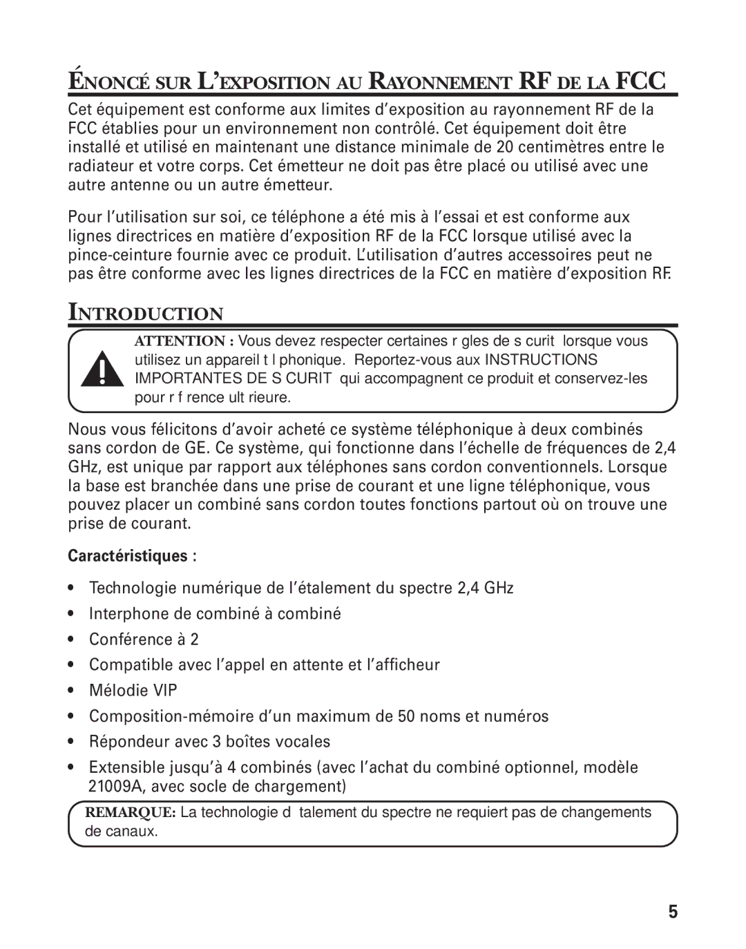 RCA 21028 manual Énoncé SUR L’EXPOSITION AU Rayonnement RF DE LA FCC, Caractéristiques 