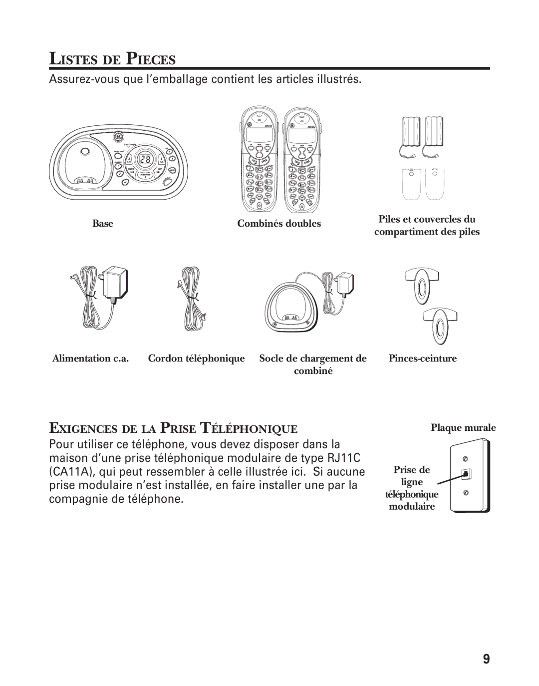 RCA 21028 manual Listes DE Pieces, Exigences DE LA Prise Téléphonique 