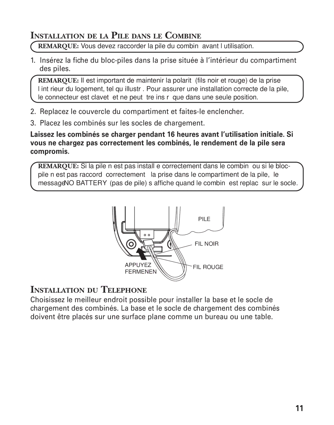 RCA 21028 manual Installation DE LA Pile Dans LE Combine, Installation DU Telephone 