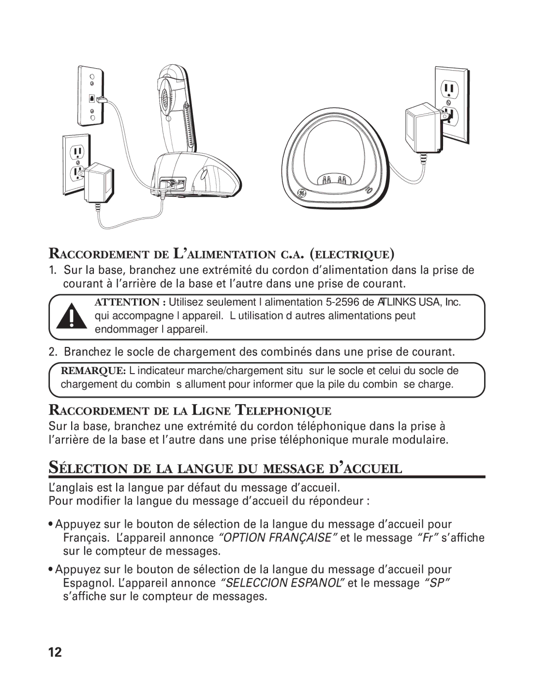 RCA 21028 manual Sélection DE LA Langue DU Message D’ACCUEIL, Raccordement DE L’ALIMENTATION C.A. Electrique 