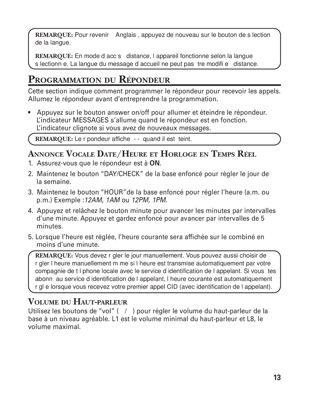 RCA 21028 manual Programmation DU Répondeur, Annonce Vocale DATE/HEURE ET Horloge EN Temps Réel, Volume DU HAUT-PARLEUR 