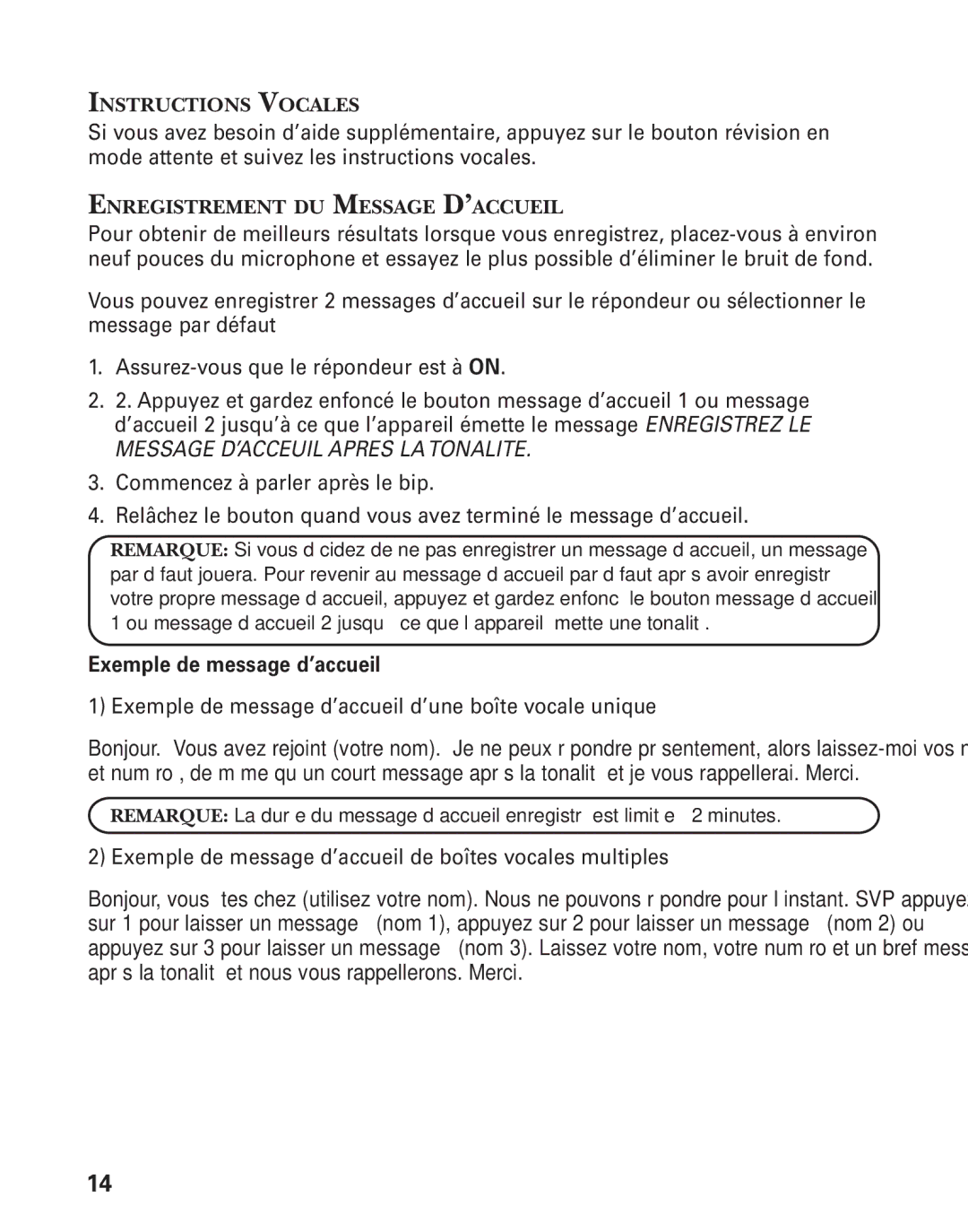 RCA 21028 manual Instructions Vocales, Enregistrement DU Message D’ACCUEIL 