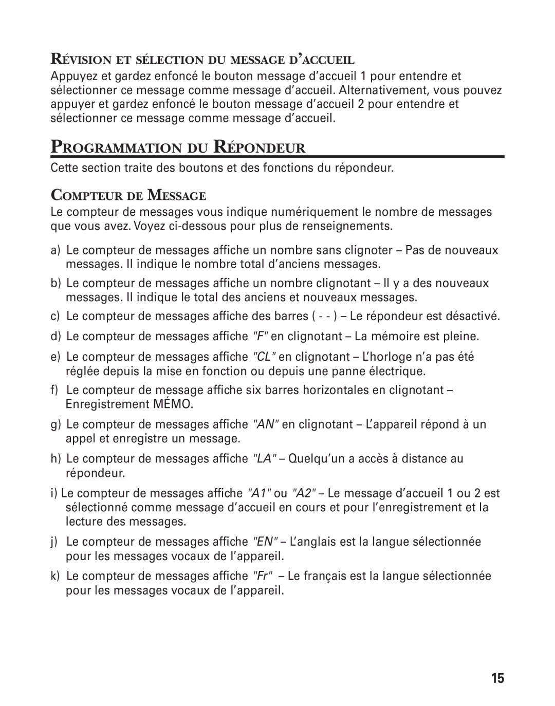 RCA 21028 manual Révision ET Sélection DU Message D’ACCUEIL, Compteur DE Message 