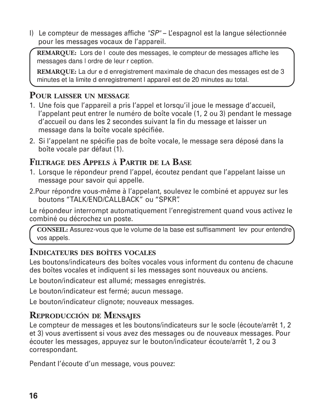 RCA 21028 manual Pour Laisser UN Message, Filtrage DES Appels À Partir DE LA Base, Indicateurs DES Boîtes Vocales 