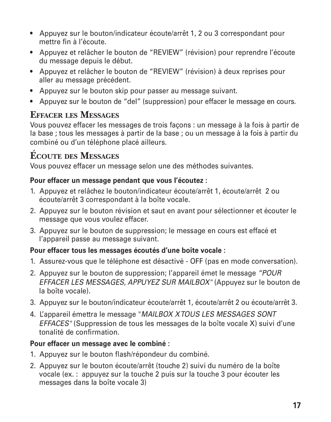 RCA 21028 manual Effacer LES Messages, Écoute DES Messages 