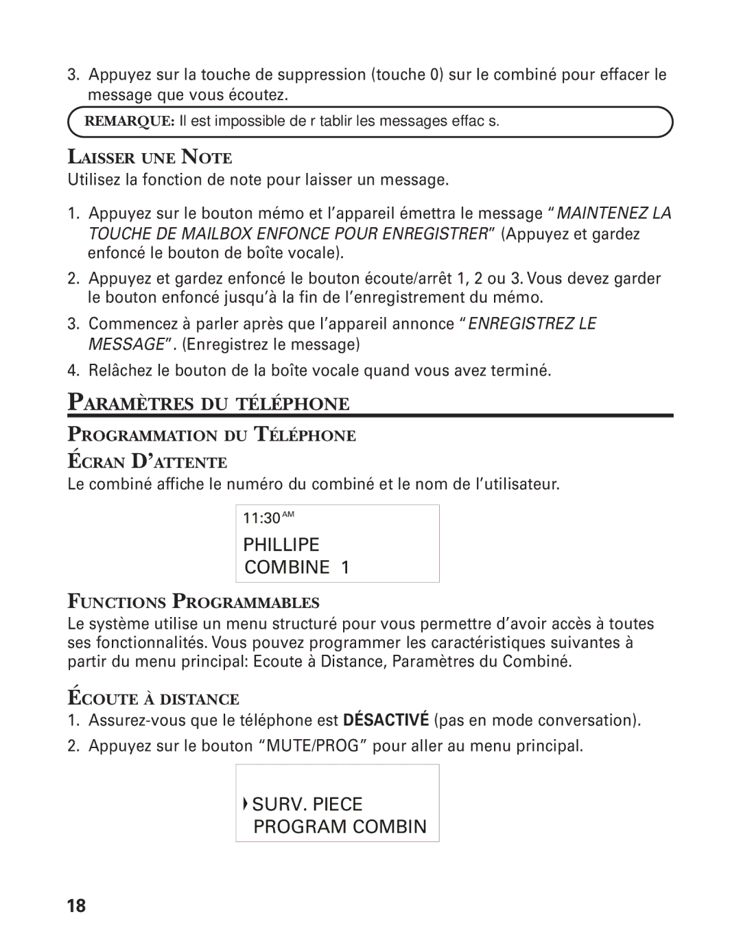 RCA 21028 Paramètres DU Téléphone, Laisser UNE Note, Programmation DU Téléphone Écran D’ATTENTE, Functions Programmables 