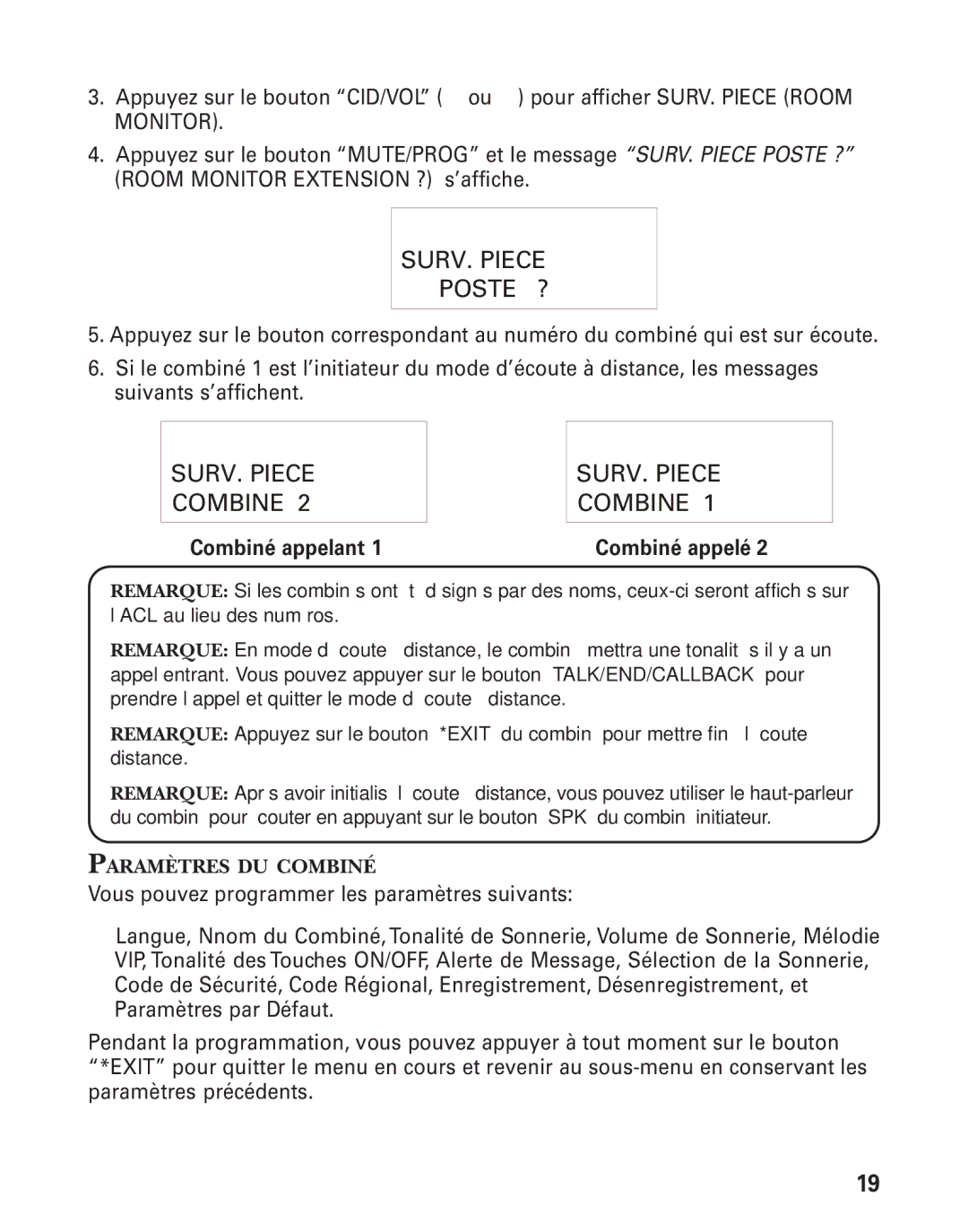 RCA 21028 manual SURV. Piece Poste ?, Paramètres DU Combiné 