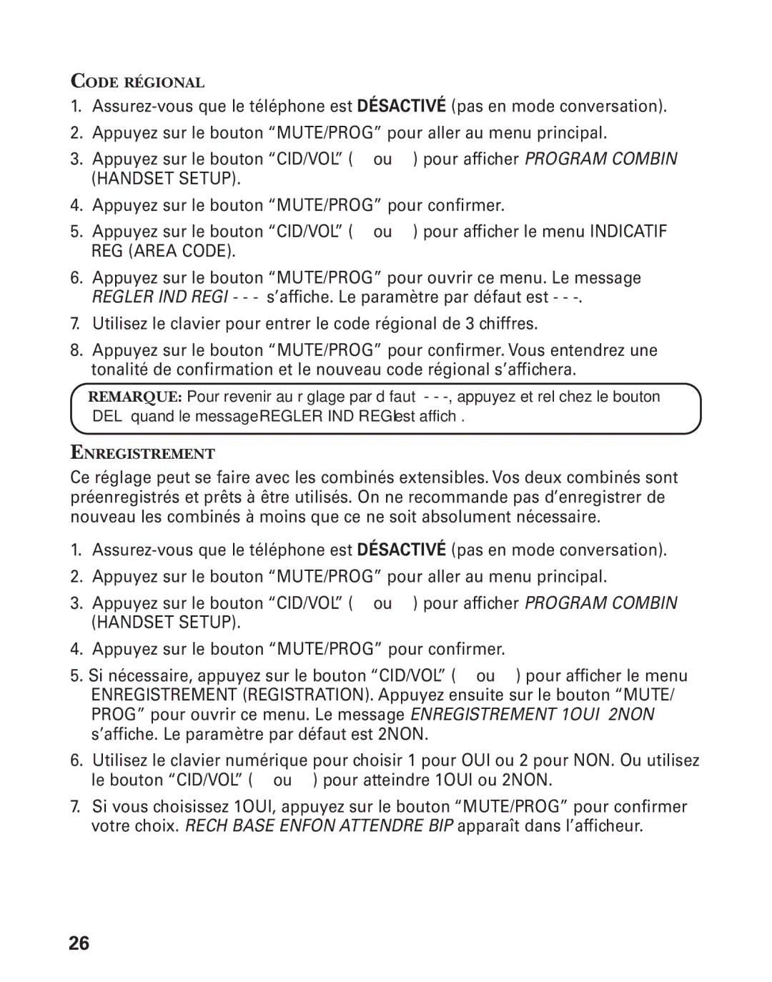 RCA 21028 manual REG Area Code 