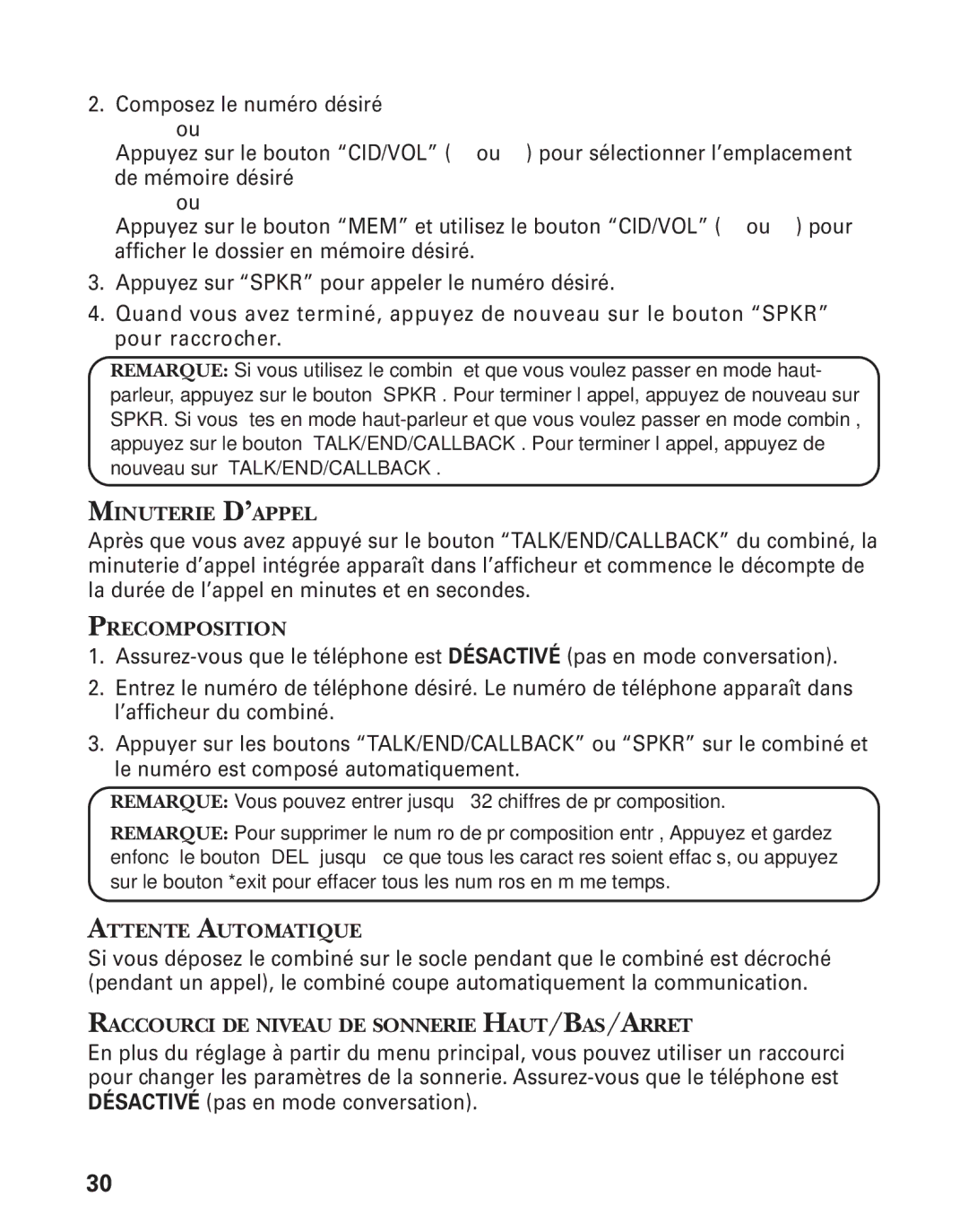 RCA 21028 manual Minuterie D’APPEL, Precomposition, Attente Automatique, Raccourci DE Niveau DE Sonnerie HAUT/BAS/ARRET 