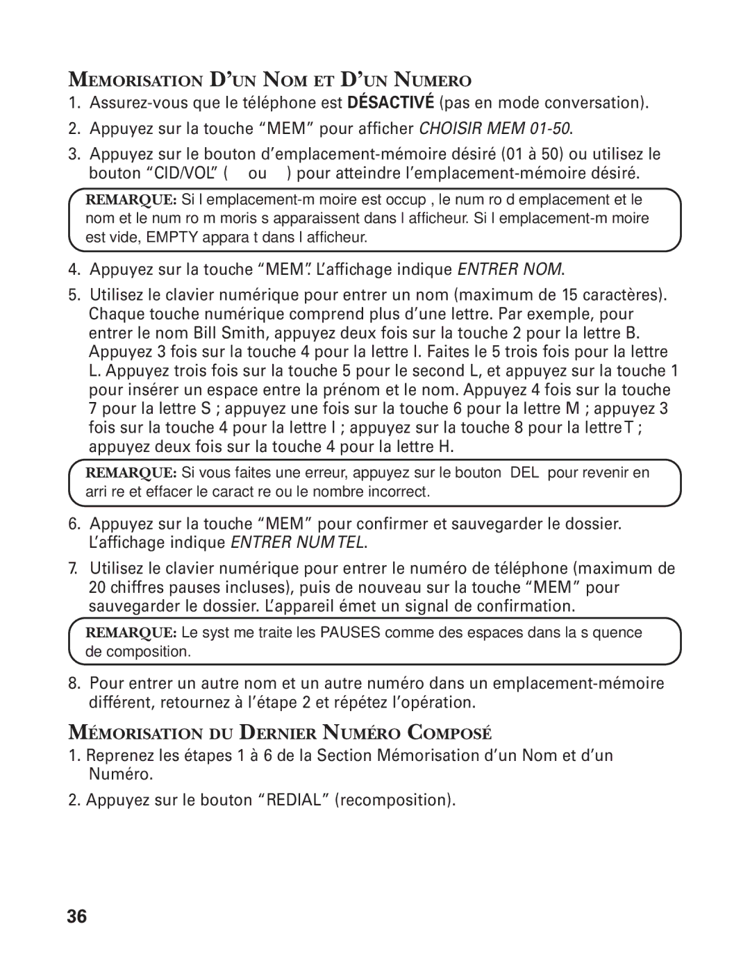 RCA 21028 manual Memorisation D’UN NOM ET D’UN Numero, Mémorisation DU Dernier Numéro Composé 