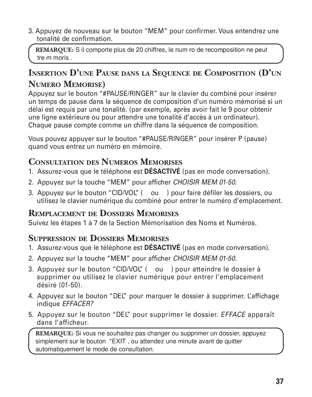 RCA 21028 manual Consultation DES Numeros Memorises, Remplacement DE Dossiers Memorises, Suppression DE Dossiers Memorises 