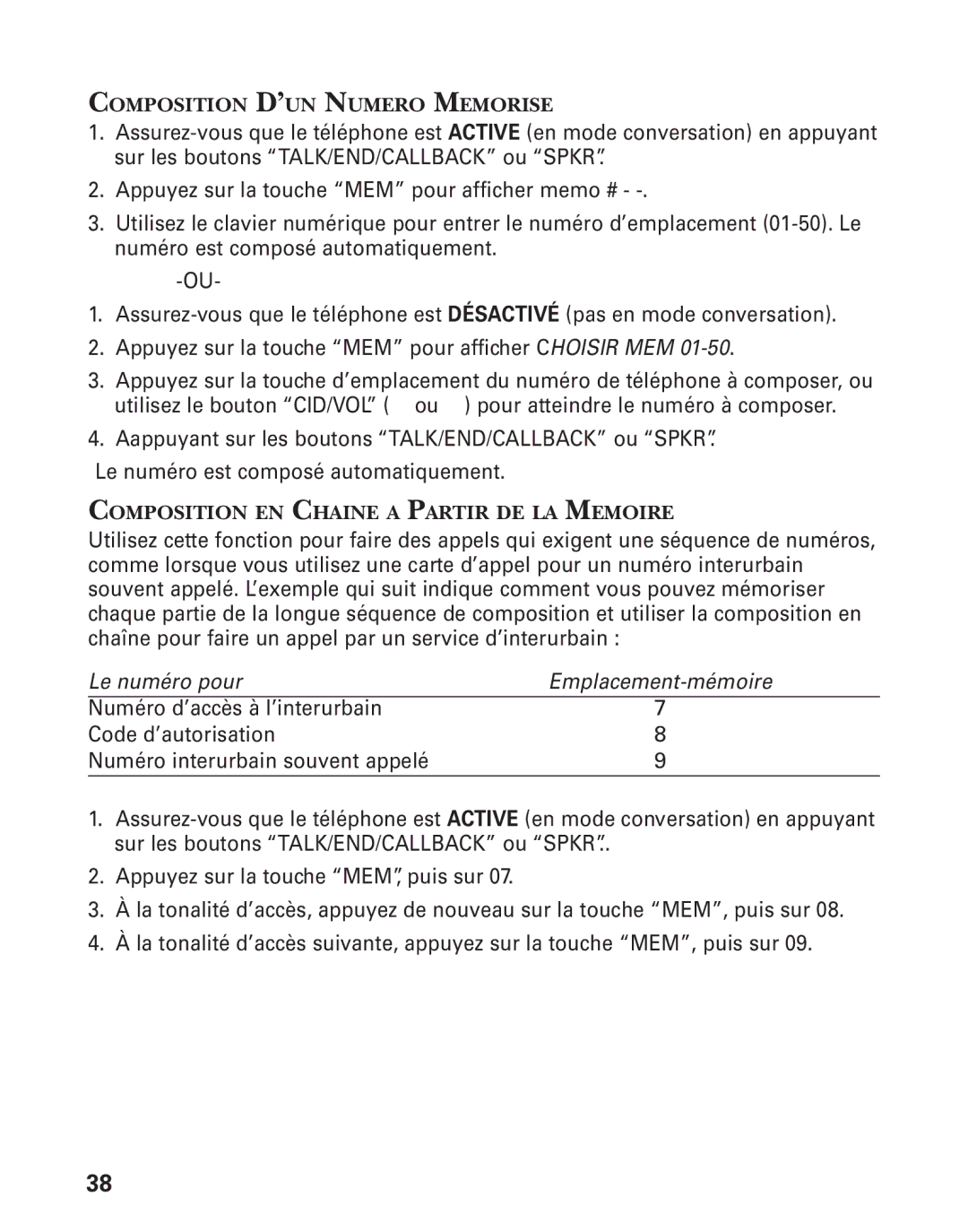 RCA 21028 manual Composition D’UN Numero Memorise, Composition EN Chaine a Partir DE LA Memoire 