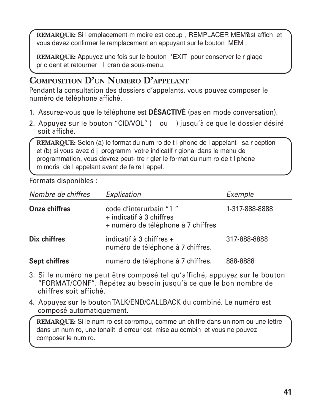 RCA 21028 manual Sept chiffres, Composition D’UN Numero D’APPELANT 