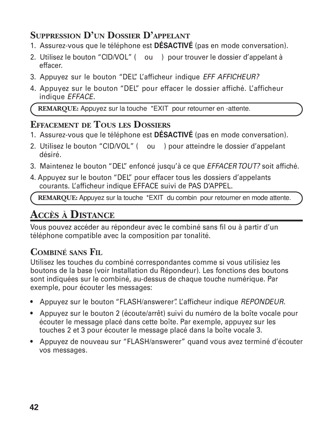 RCA 21028 manual Accès À Distance, Suppression D’UN Dossier D’APPELANT, Effacement DE Tous LES Dossiers, Combiné Sans FIL 