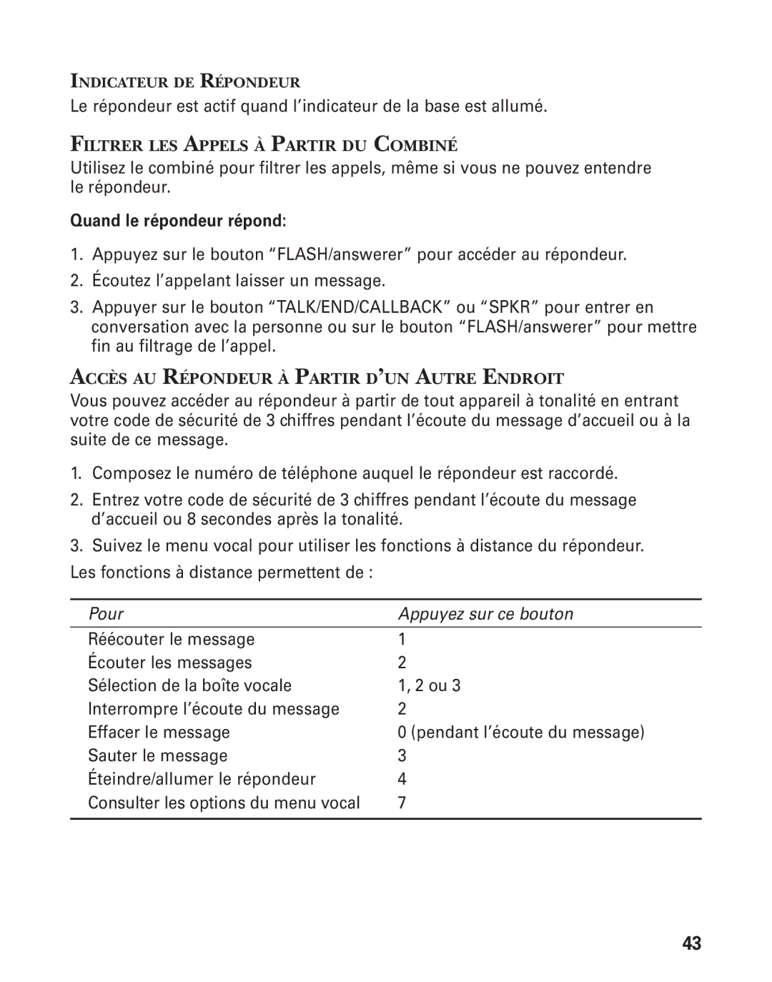 RCA 21028 manual Filtrer LES Appels À Partir DU Combiné, Accès AU Répondeur À Partir D’UN Autre Endroit 