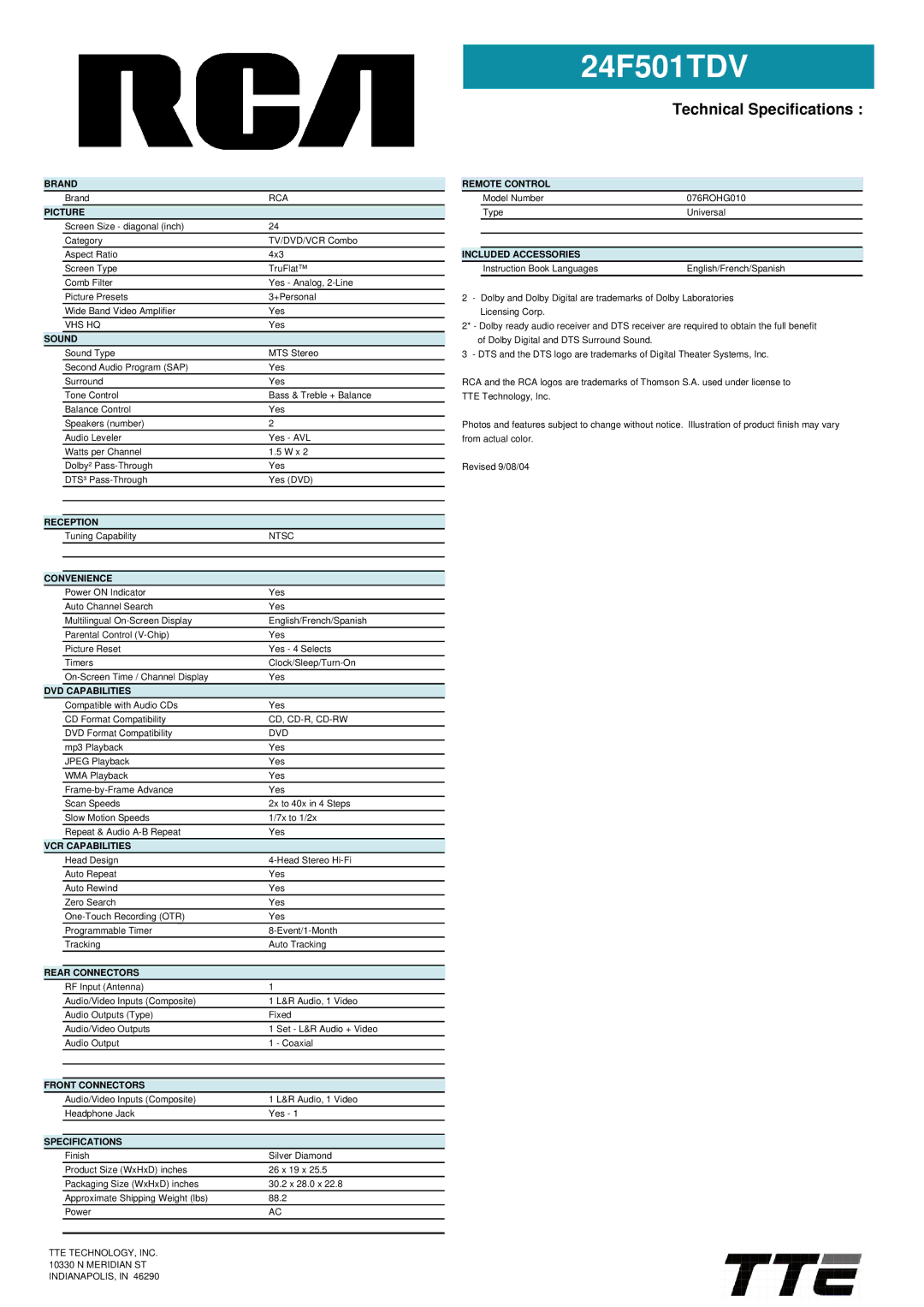 RCA 24F501TDV manual Brand, Picture, Sound, Reception, Convenience, DVD Capabilities, VCR Capabilities, Rear Connectors 