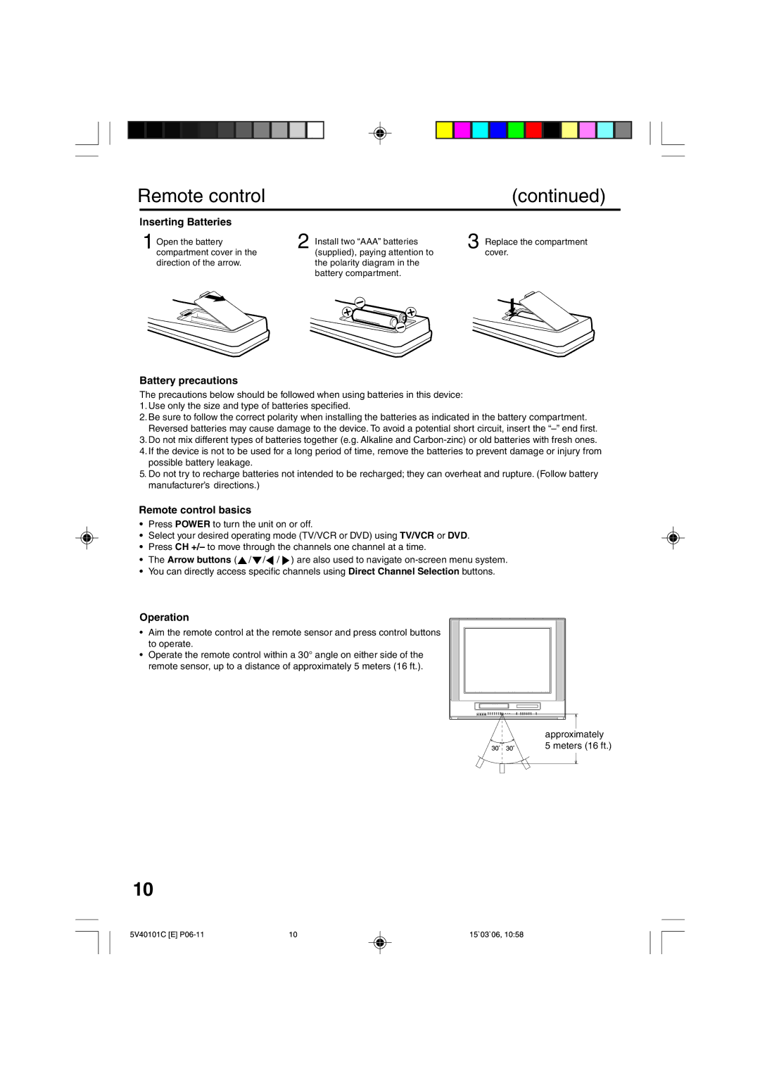 RCA 24F502TDV manual Inserting Batteries, Battery precautions, Remote control basics, Operation 